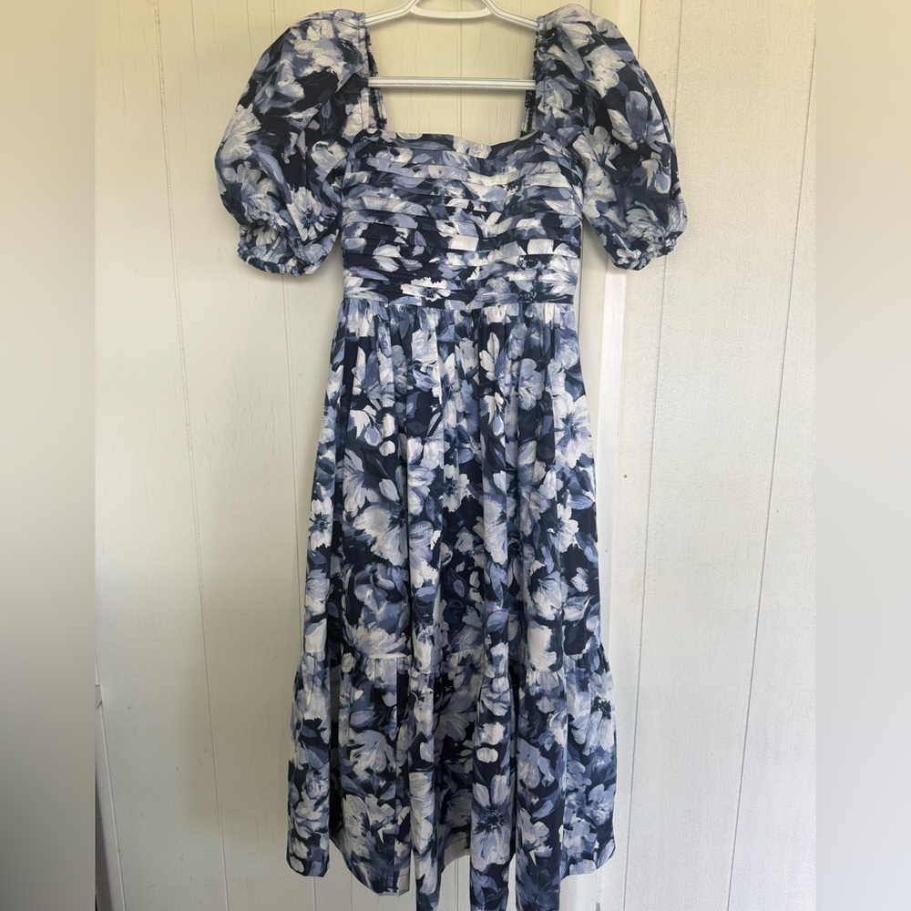 Abercrombie Blue and White half Puff Sleeve poplin midi dress size xsmall Petite